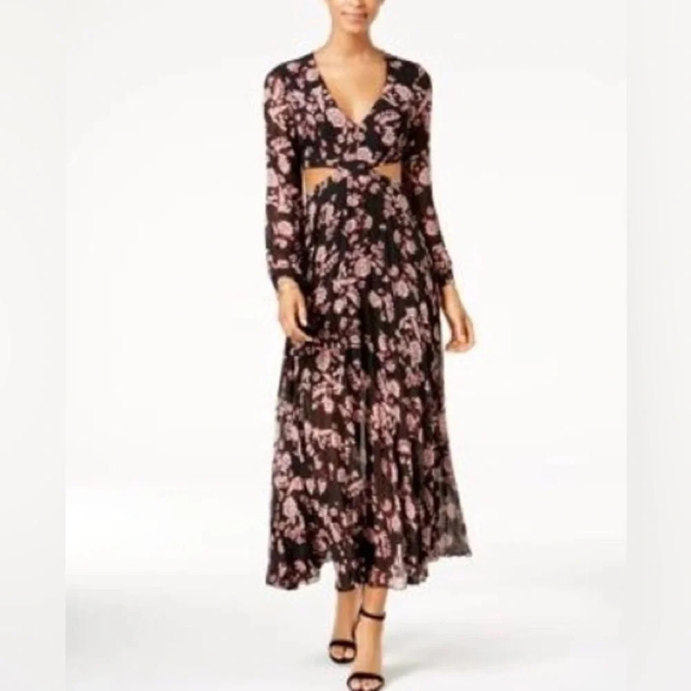 Bardot pleated floral midi dress cutout long sleeves Size 8 Size M
